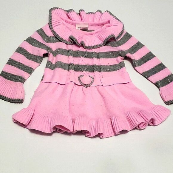 Pink & Gray Striped Ruffle Long Sleeve Flare Skirt Knitted Dress - Picture 1 of 8